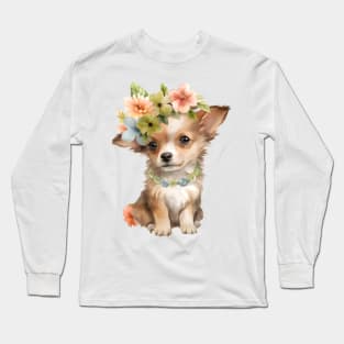 Watercolor Chihuahua Dog with Head Wreath Long Sleeve T-Shirt